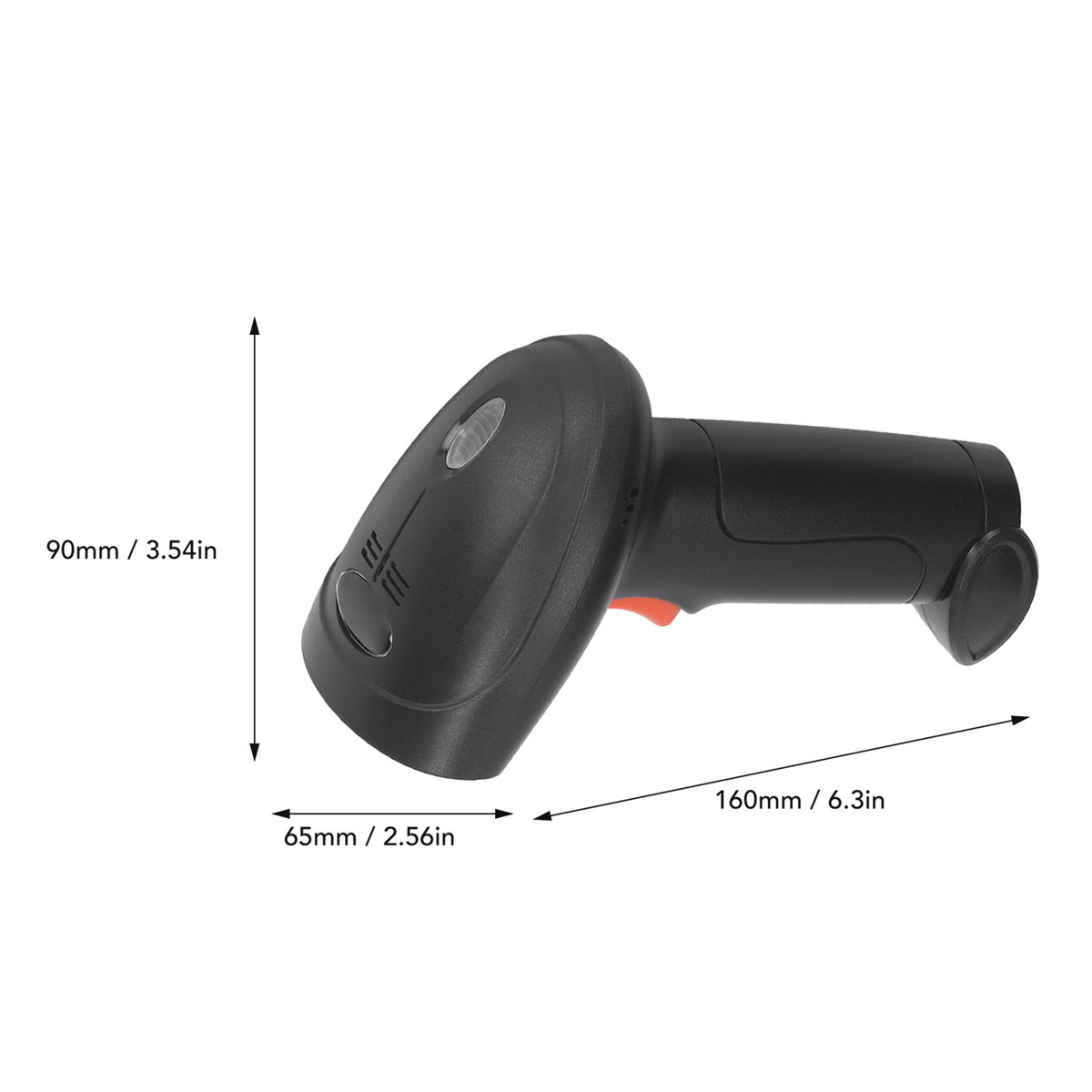 Ein schwarzer Barcode-Scanner mit Maßangaben, vor weißem Hintergrund.