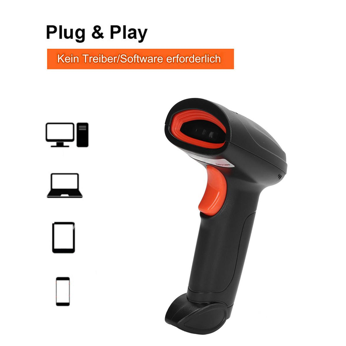 Schwarzer Barcode-Scanner mit orangefarbener Taste. Symbole für Computer, Laptop, Tablet und Telefon.