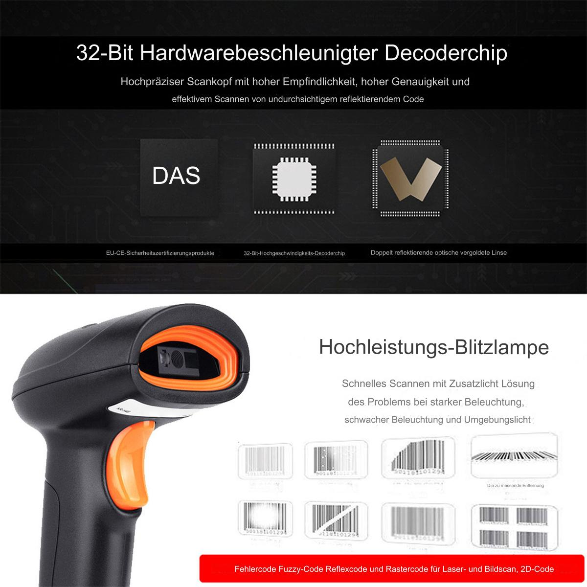 Ein Barcodescanner mit einem schwarzen und orangefarbenen Griff. Text und Diagramme erklären seine Funktionen.