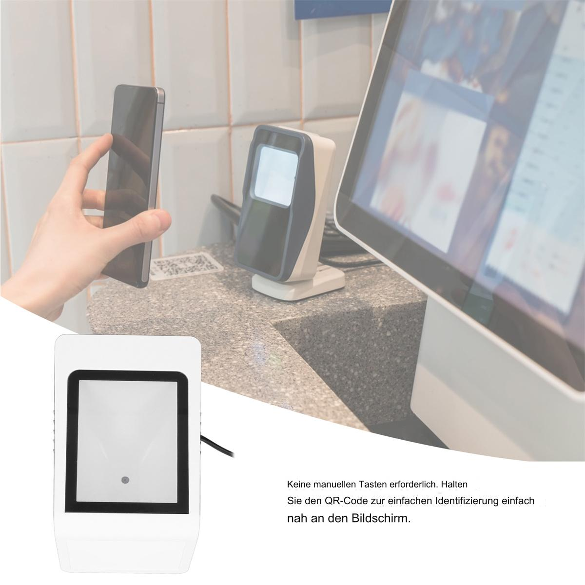 Eine Person hält ein Telefon in der Nähe eines Scanners, mit Text zum QR-Code-Scannen.