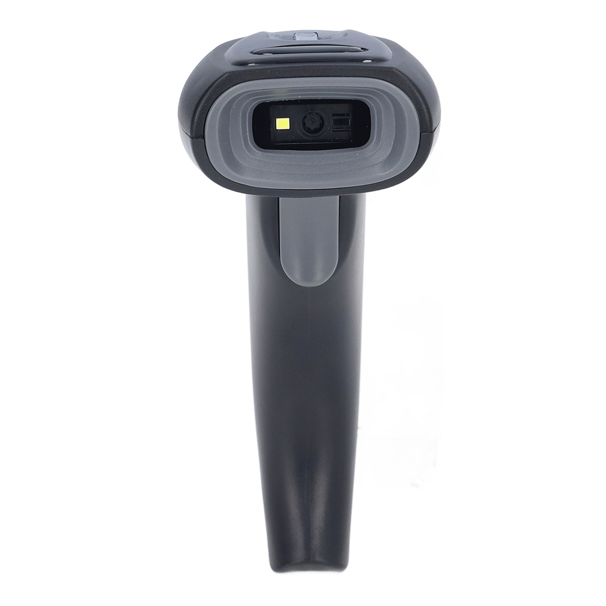 Schwarzer und grauer Barcode-Scanner. Rechteckige Form. Hat ein Objektiv und einen Griff.