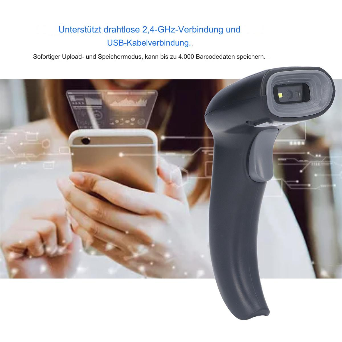 Schwarzer Barcodescanner mit Telefon und digitalem Overlay. Text erwähnt 2,4 GHz Funk und USB-Konnektivität.