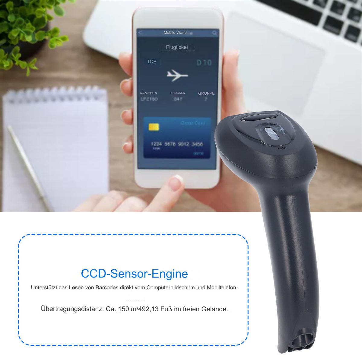 Ein schwarzer Barcodescanner wird gehalten, mit einem Smartphone, das eine Flugbuchung anzeigt.