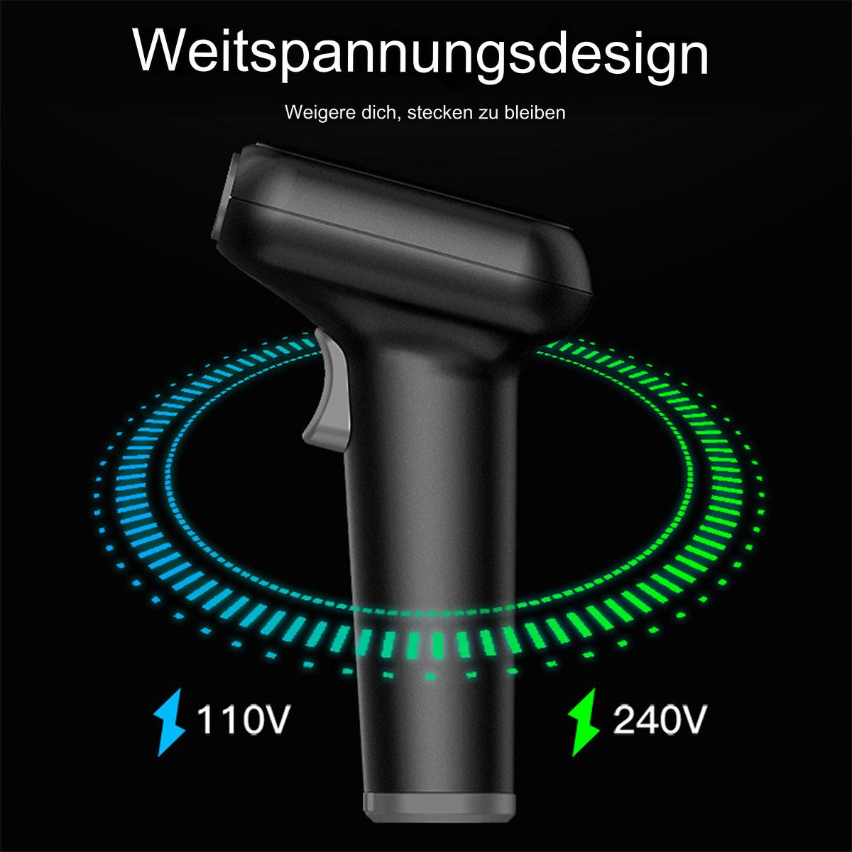 Schwarzes Gerät mit Griff, umgeben von einem blau-grünen Kreismuster, das die Spannung anzeigt.