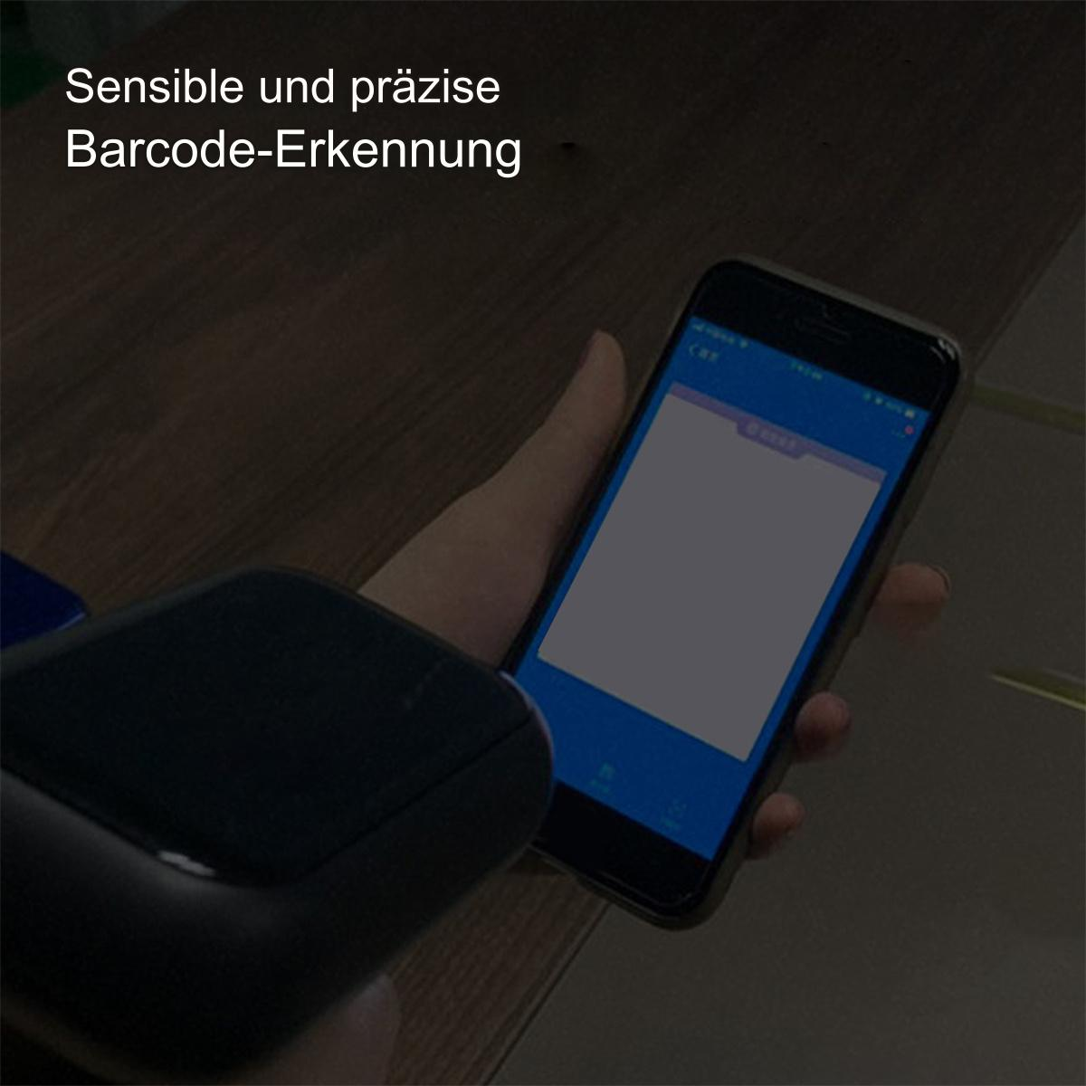 Hand hält Telefon, scannt Barcode. Der Bildschirm zeigt eine blaue Oberfläche.