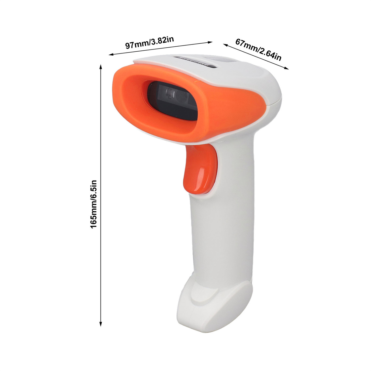 Weiß-oranger Barcode-Scanner mit abgebildeten Maßen. Er hat einen Auslöser und eine Linse.