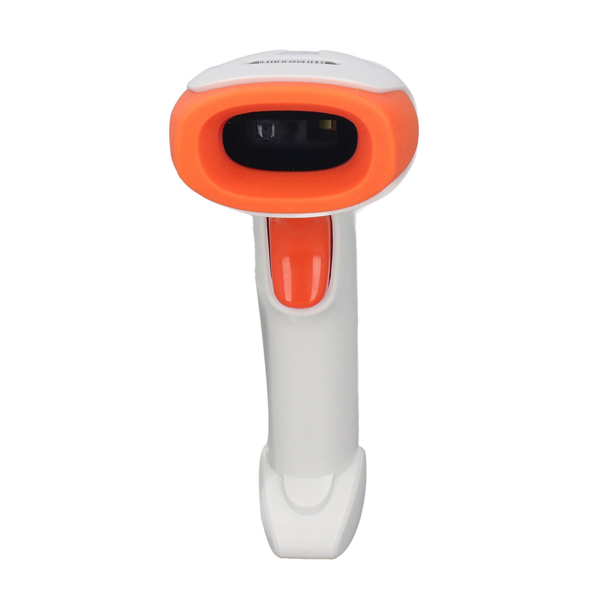 Ein weiß-oranger Barcode-Scanner. Er hat einen Auslöser und ein Scanfenster.