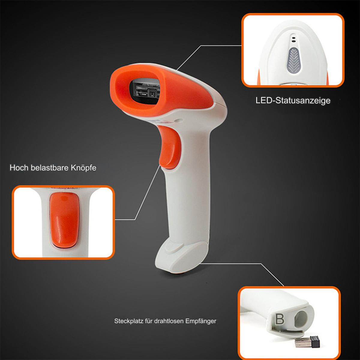 Ein orange-weißer Barcodescanner mit Beschriftungen und schwarzem Hintergrund.