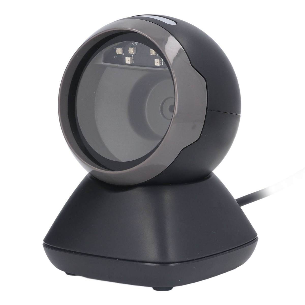 Schwarzer Barcode-Scanner mit rundem Kopf auf schwarzem Sockel. Hat eine Linse und mehrere LED-Leuchten.