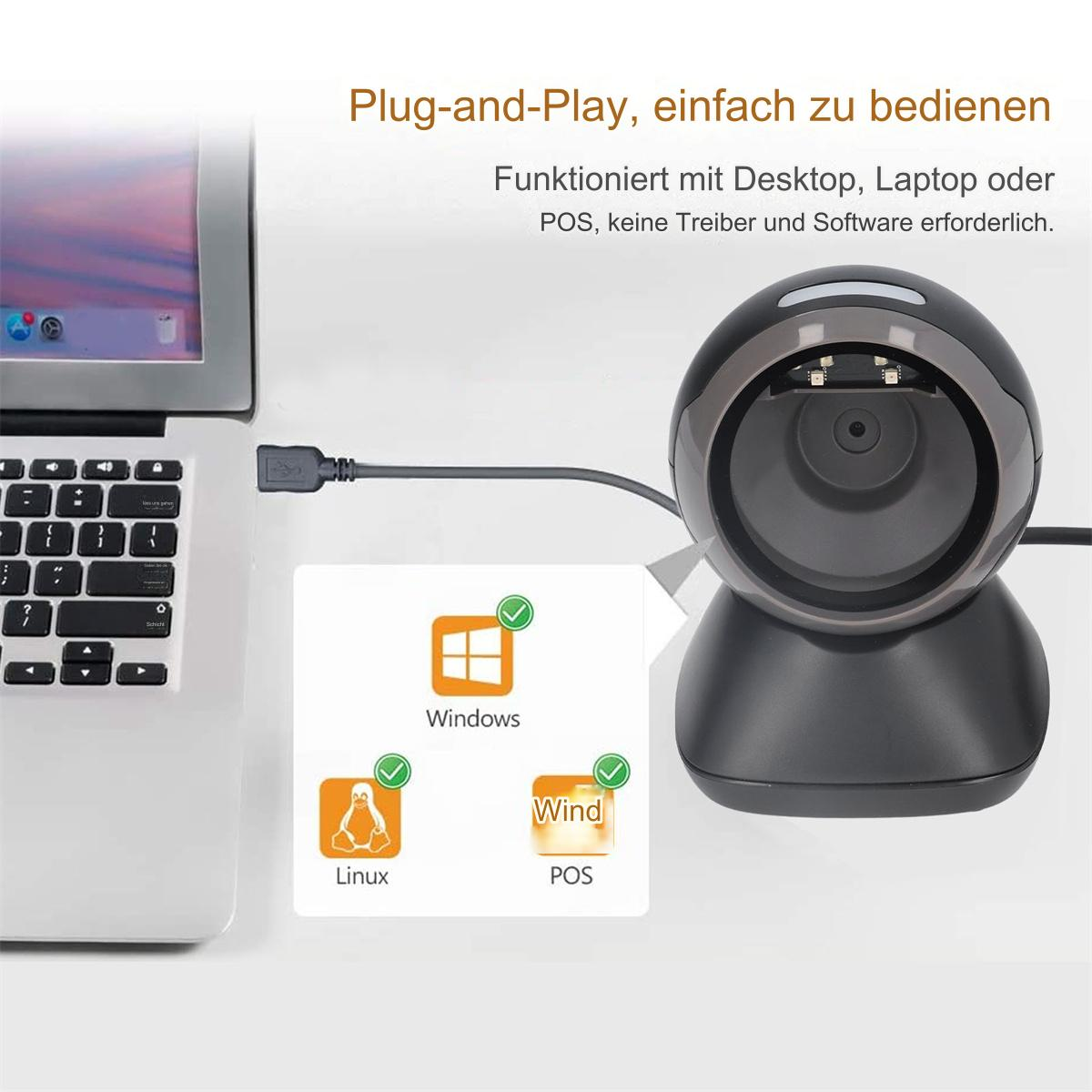 Schwarzer Scanner, der über USB mit einem Laptop verbunden ist. Symbole für Windows, Linux und POS werden angezeigt.