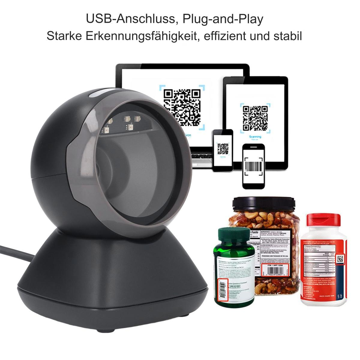 Barcodescanner, der Produkte scannt. QR-Codes und Artikel davor werden angezeigt.