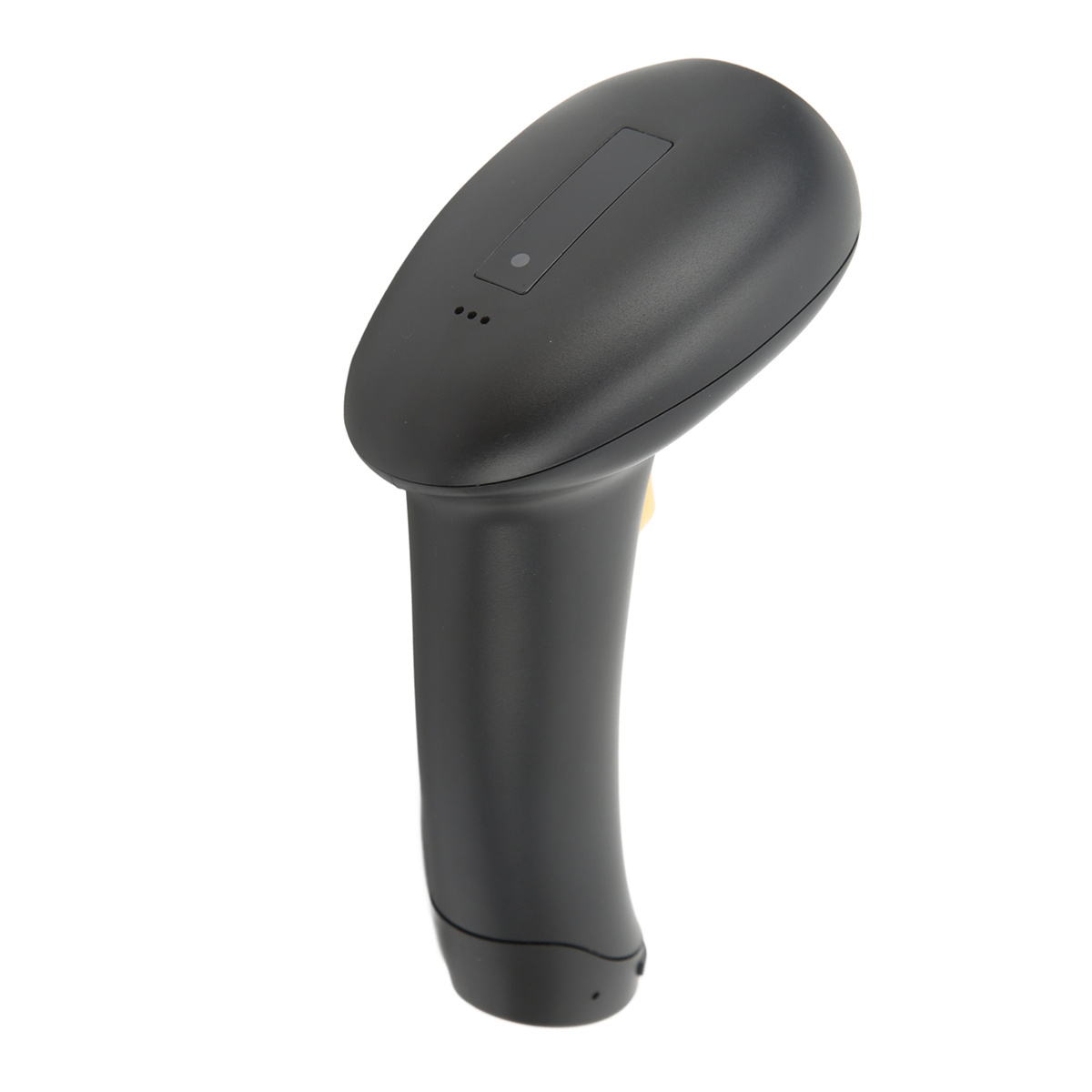 Ein schwarzer Barcode-Scanner mit Griff, nach oben abgewinkelt.