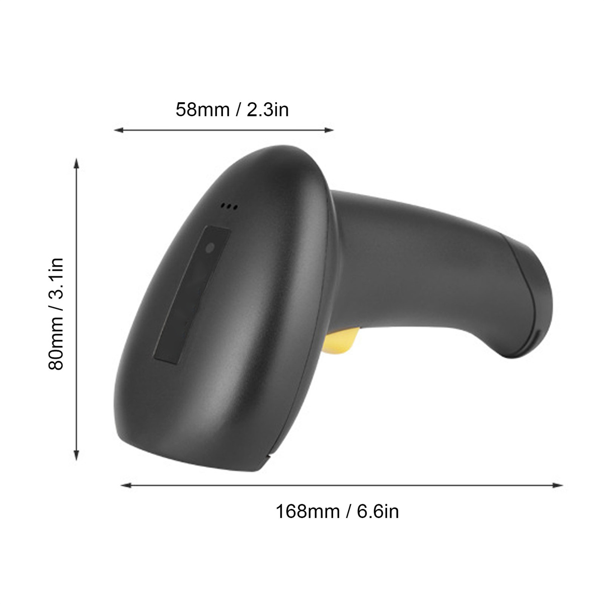 Schwarzer Barcode-Scanner mit Abmessungen, auf weißem Hintergrund.