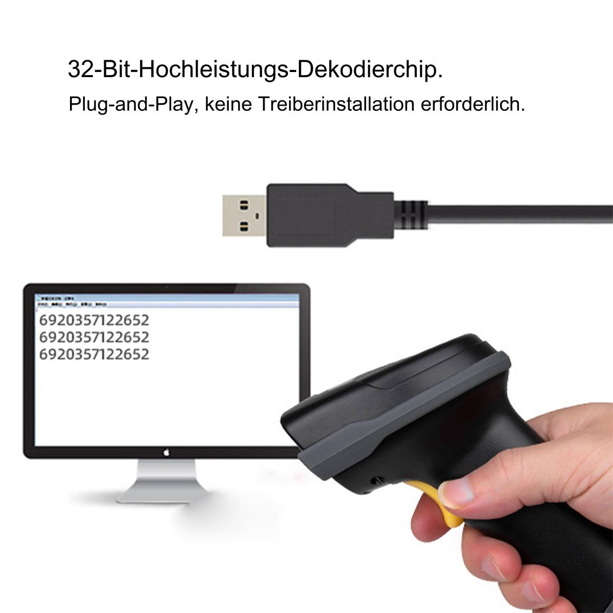 Computerbildschirm mit Zahlen, Hand hält Scanner, USB-Kabel.