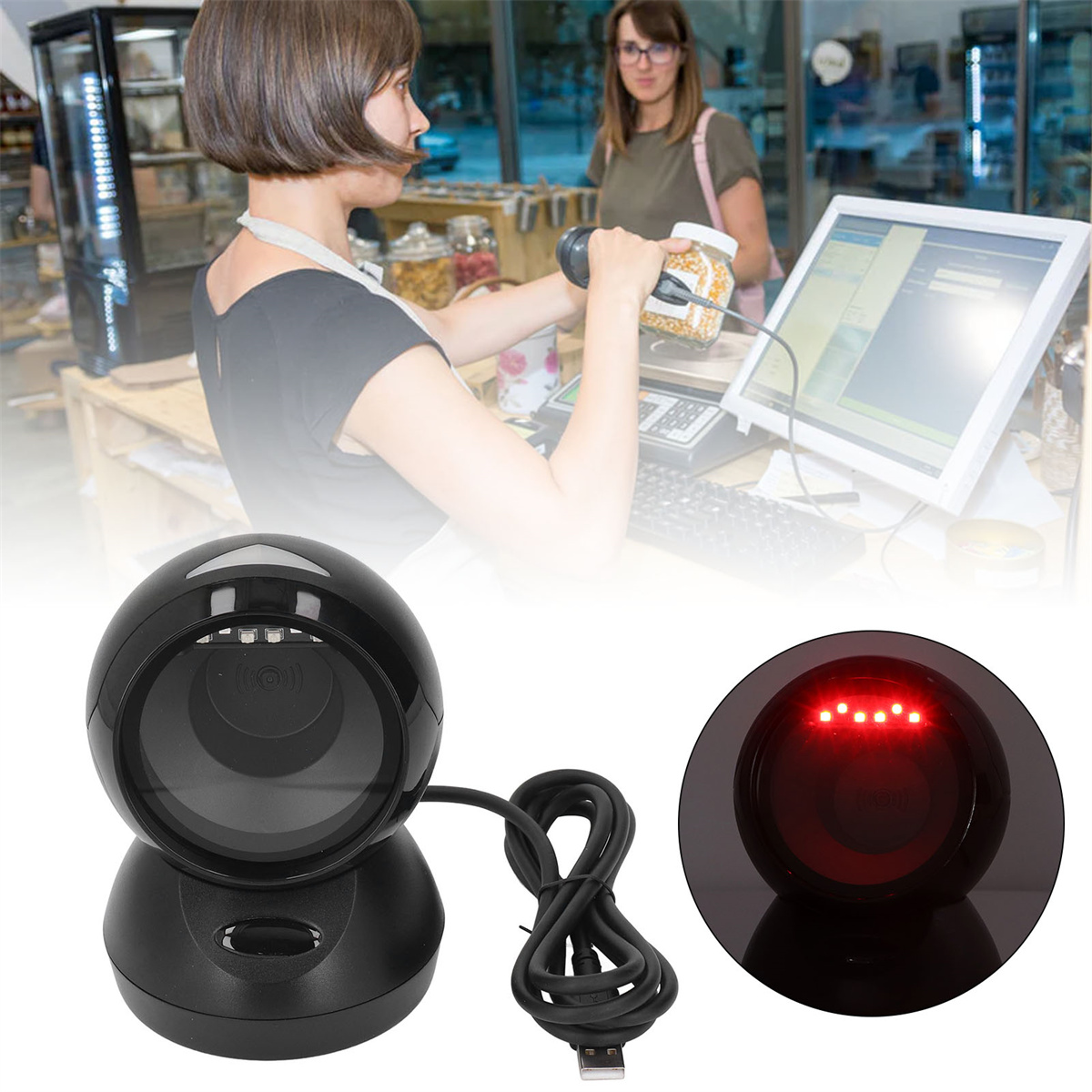 Ein schwarzer Barcode-Scanner auf einem Ständer. Eine Kassiererin scannt Artikel an einer Ladentheke.