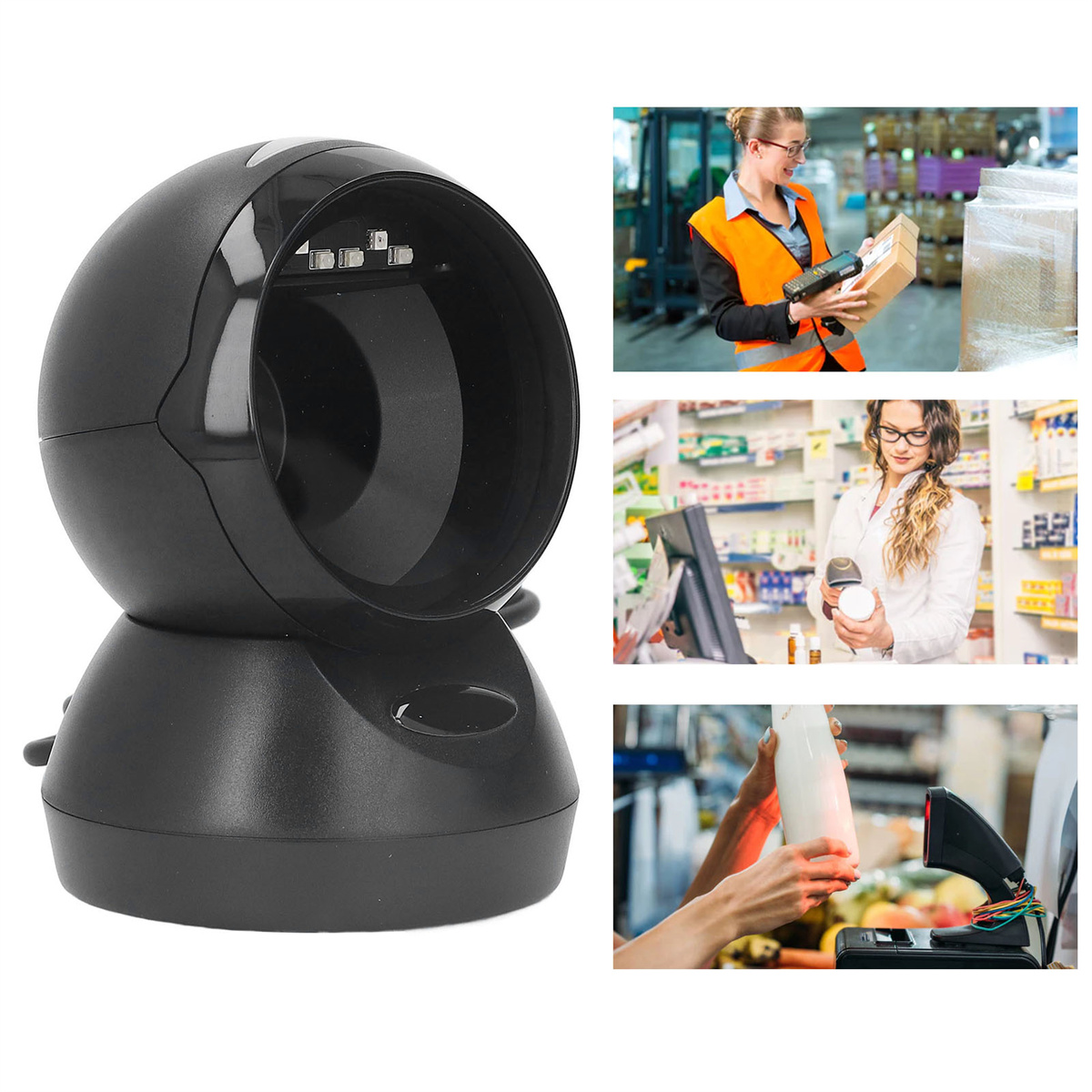 Schwarzer Barcode-Scanner auf einer Basis und Szenen seiner Verwendung in verschiedenen Umgebungen.