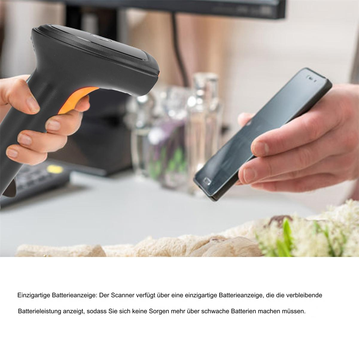 Hand, die einen schwarzen Barcodescanner über einem Telefon hält. Schreibtisch im Hintergrund.
