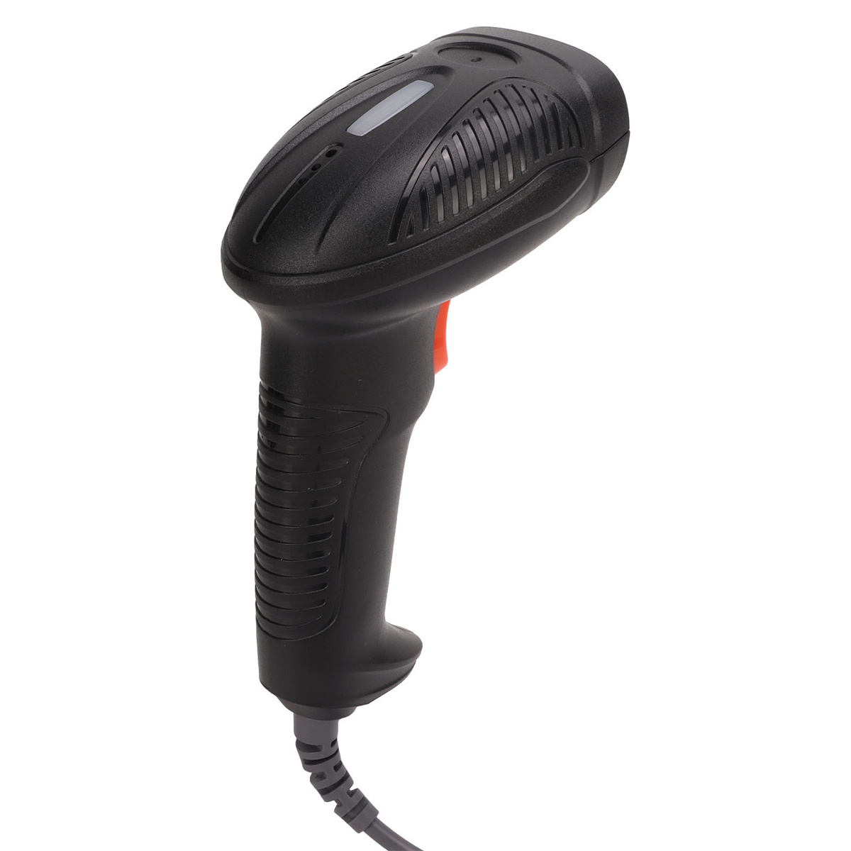 Ein schwarzer Barcodescanner mit roter Taste und grauem Kabel.