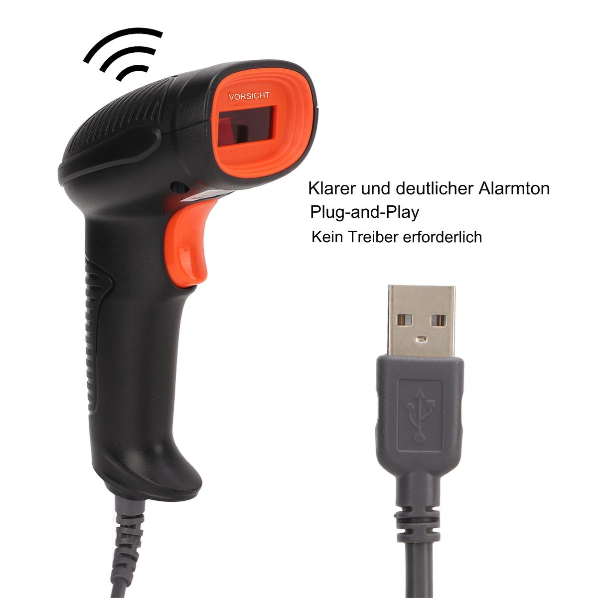 Ein schwarz-oranger Barcodescanner mit USB-Kabel. Text auf Deutsch: 'Klarer und deutlicher Alarmton'.