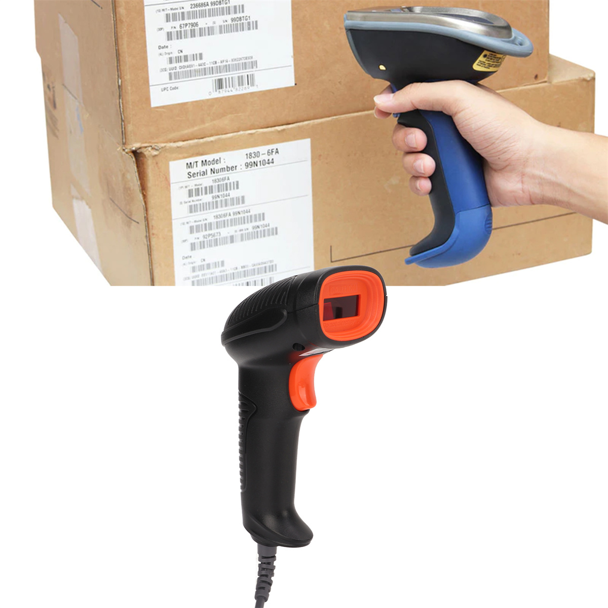 Zwei Barcode-Scanner, einer in der Hand, der Kartons scannt. Einer ist schwarz und orange, der andere schwarz und blau.