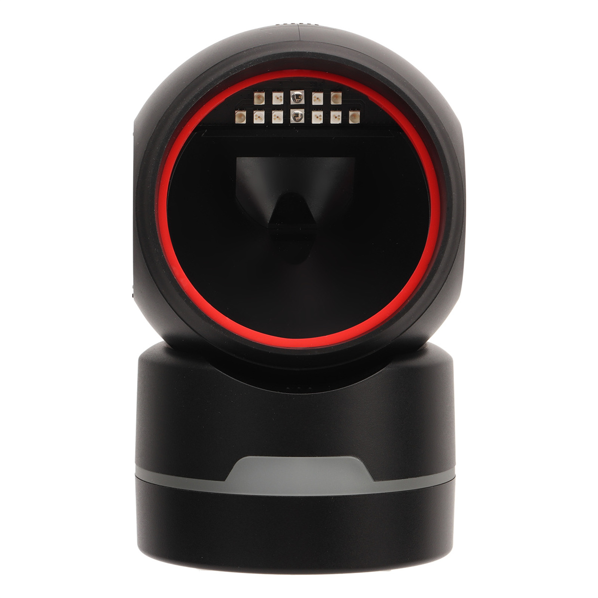 Schwarzer Barcode-Scanner mit rotem Ring. Zeigt den Scanner-Körper und das Licht oben.
