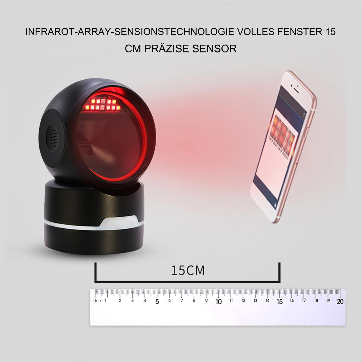 Ein schwarzer Scanner mit rotem Lichtstrahl. Ein Telefon mit Barcode liegt daneben. Ein Lineal unten.
