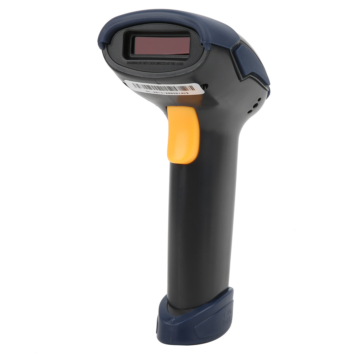 Ein schwarz-blauer Barcode-Scanner mit orangefarbener Auslösetaste.