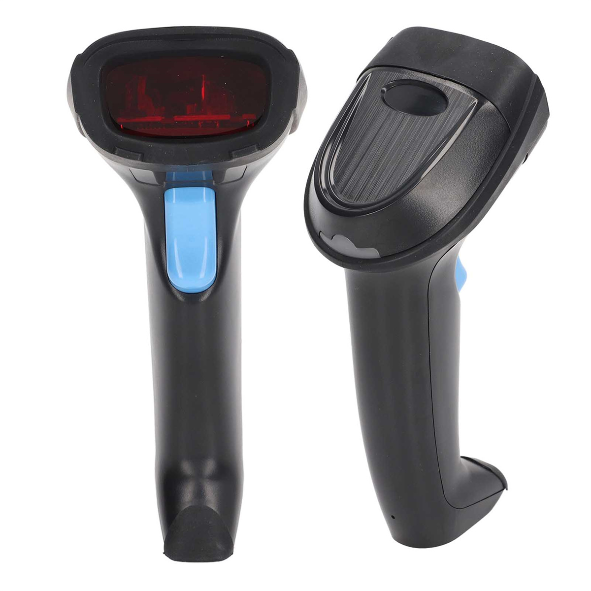 Zwei schwarze Barcode-Scanner, einer zeigt rotes Licht, auf weißem Hintergrund.