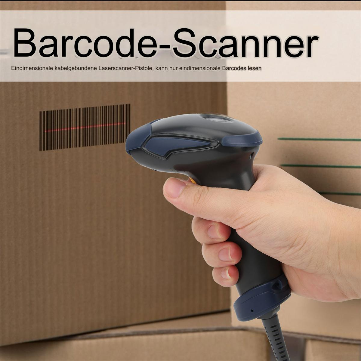 Eine Person benutzt einen Barcode-Scanner. Er ist schwarz und hat einen roten Strich, der einen Barcode auf einer Box scannt.