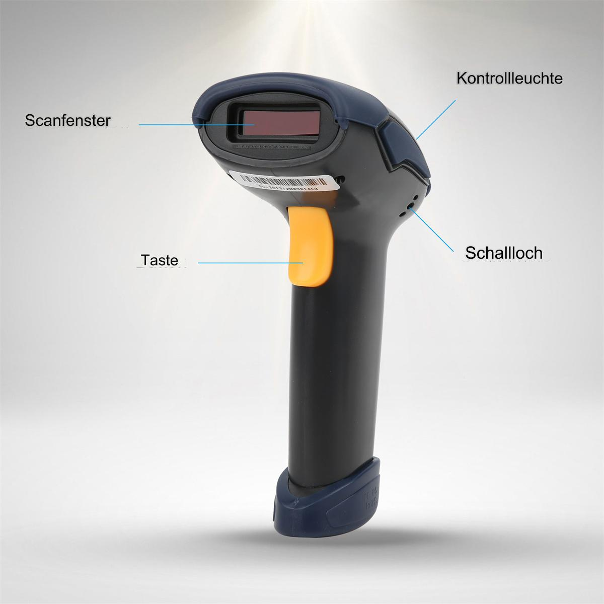 Handheld-Barcodescanner. Mit Auslöser, Scanfenster und Kontrollleuchten.