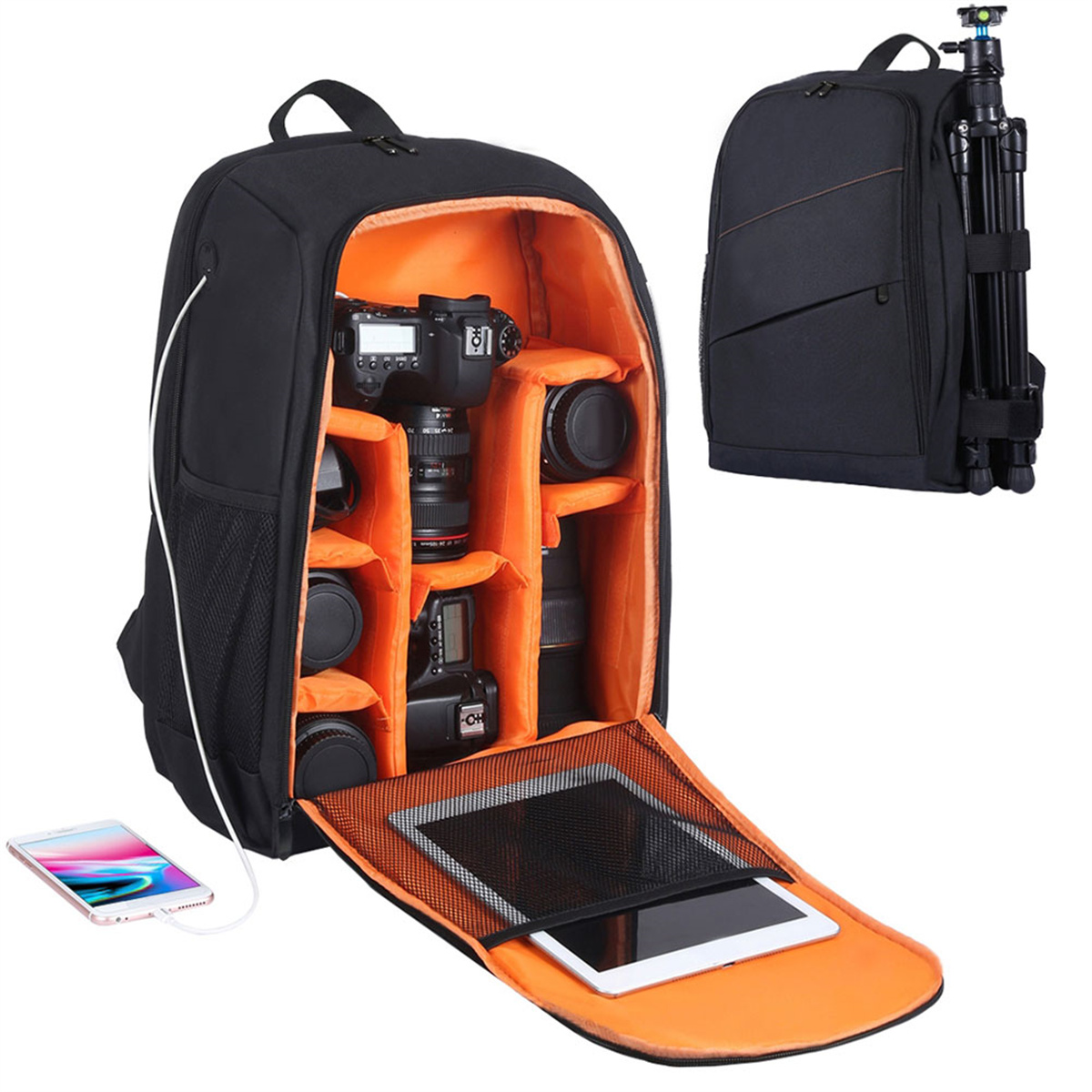 Schwarzer Kamerarucksack mit orangefarbenem Innenraum. Enthält Kameras, Objektive und Zubehör.