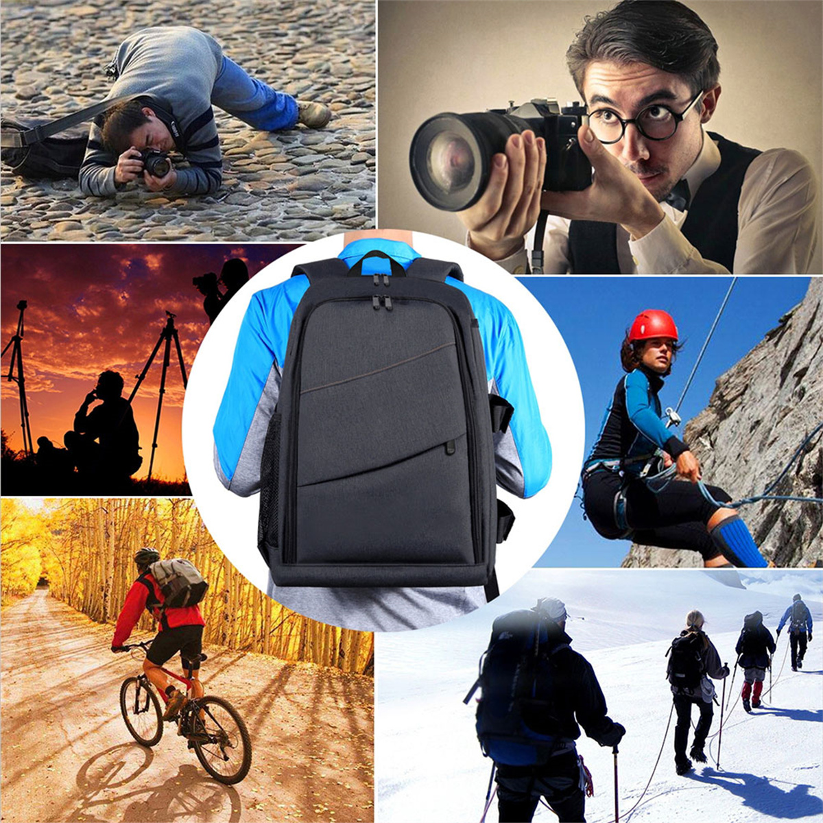 Collage von Fotos, die Menschen beim Wandern, Klettern, Radfahren und Fotografieren mit einem Rucksack zeigen.