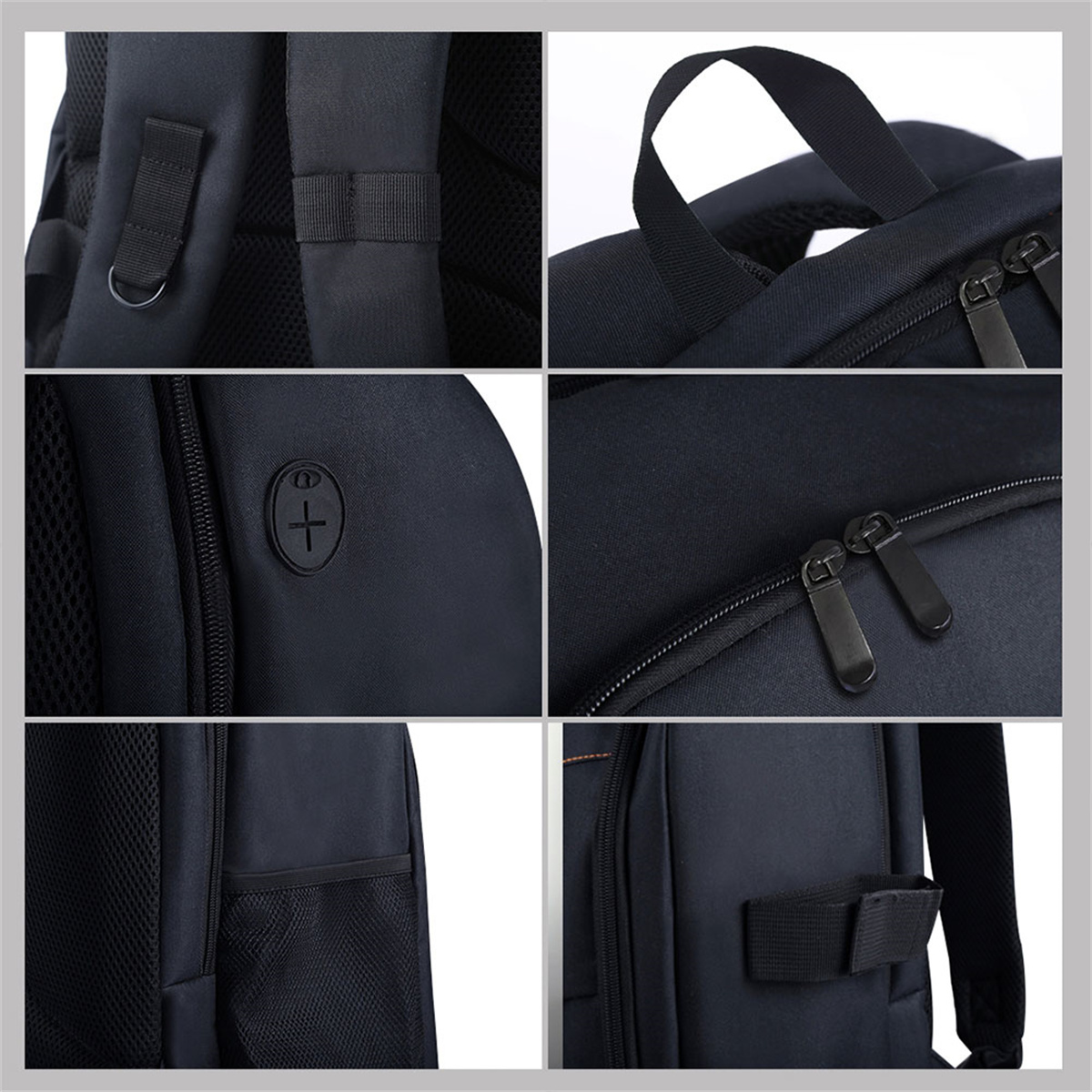 Nahaufnahmen eines schwarzen Rucksacks, die Träger, Reißverschlüsse und Taschen detailliert zeigen. Schwarzer Hintergrund.