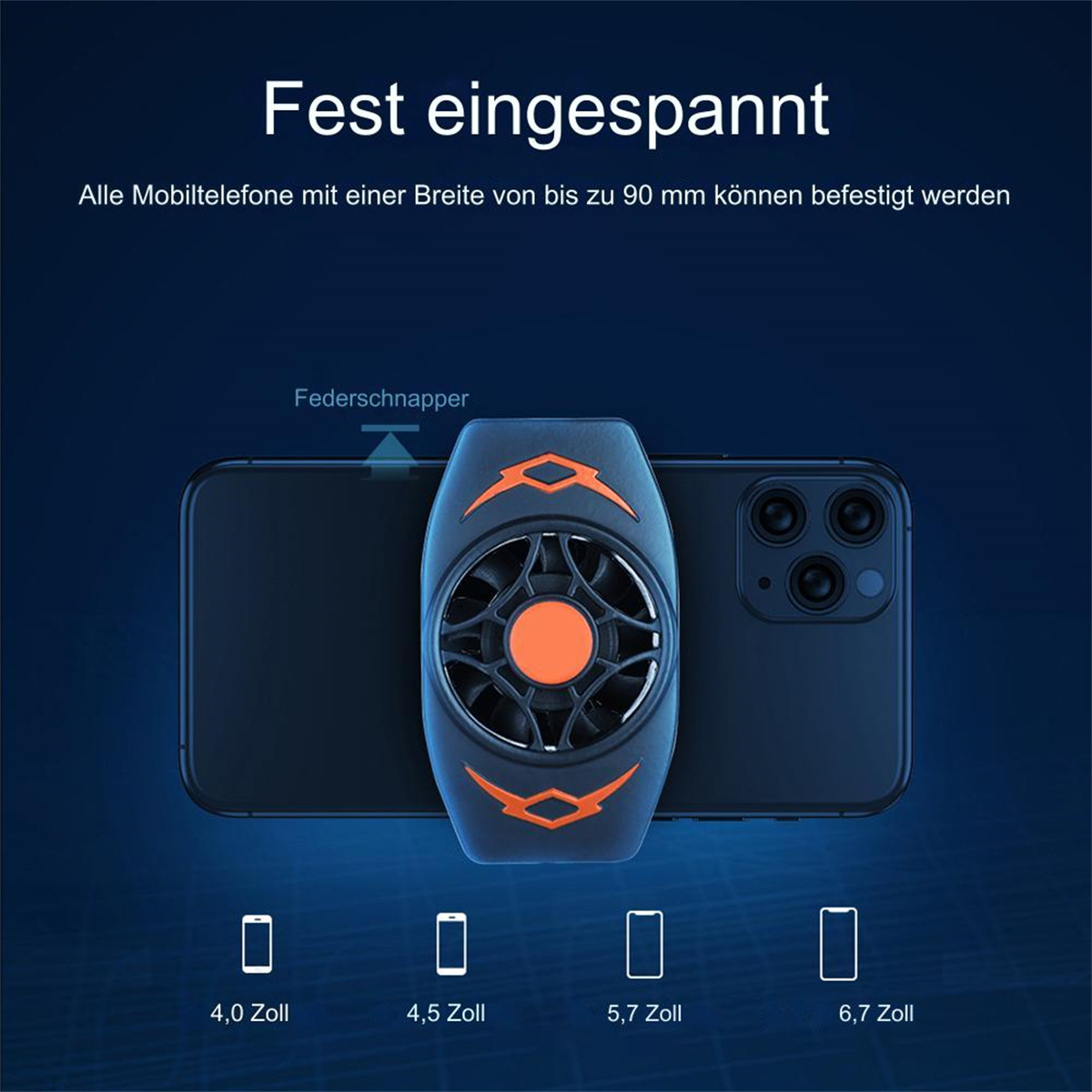 Schwarzer Telefonkühler an einem Telefon befestigt. Der Kühler hat orangefarbene Akzente und einen Lüfter.