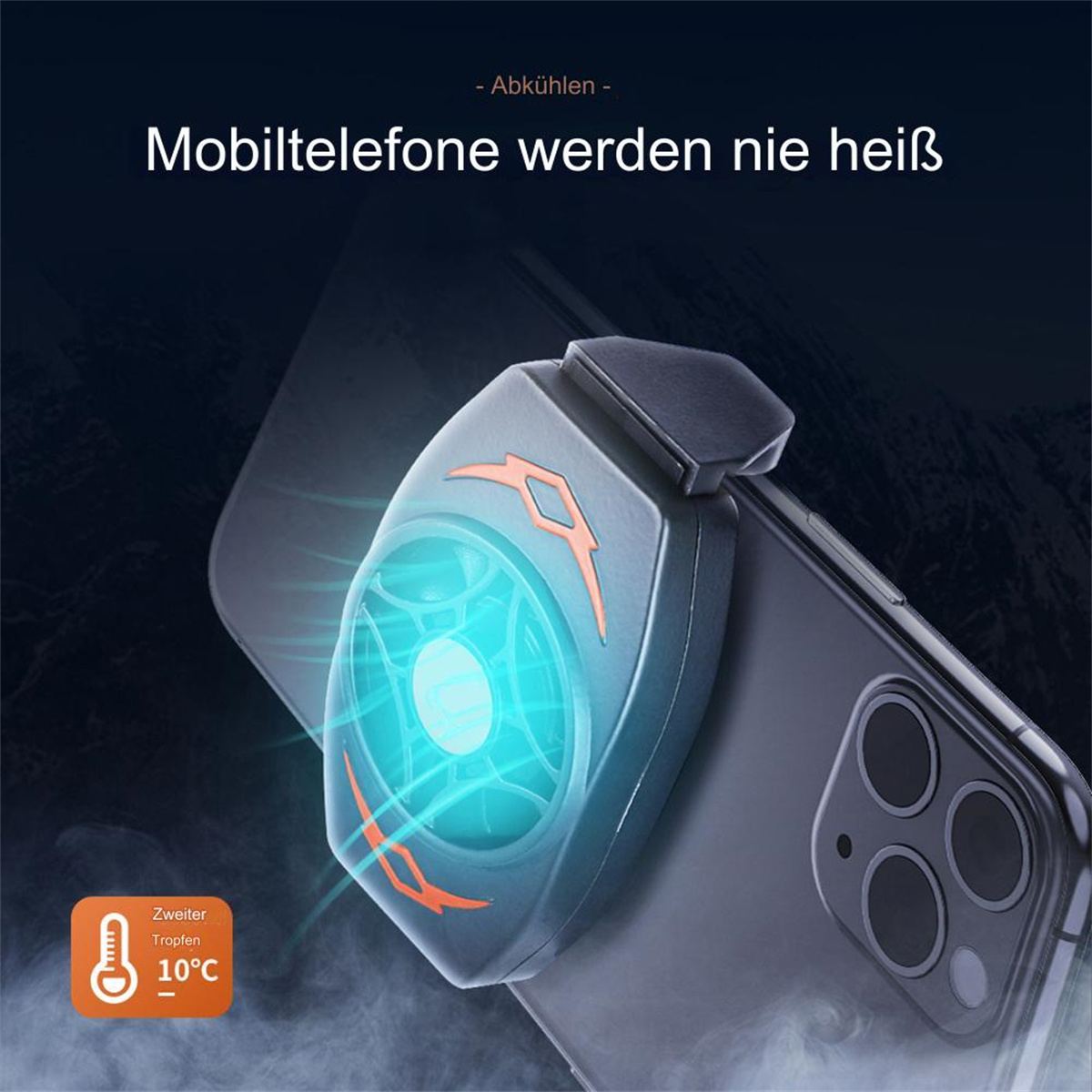 Ein Telefonkühler an einem Telefon befestigt, mit Text und einem Thermometer, das 10°C anzeigt.