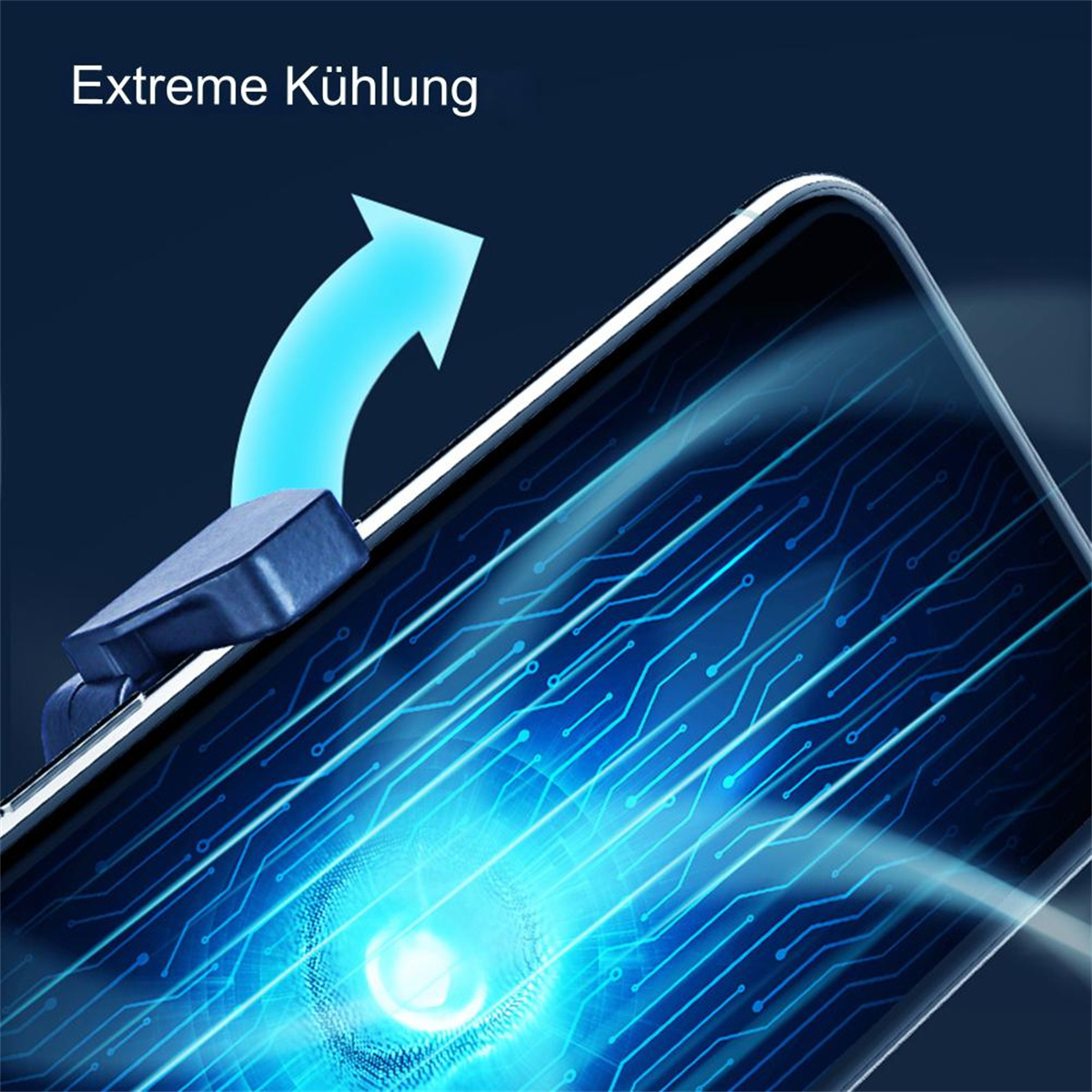 Ein Telefon mit Leiterplatten-Design und blauem Lichteffekt. Ein Pfeil zeigt auf die Platine.