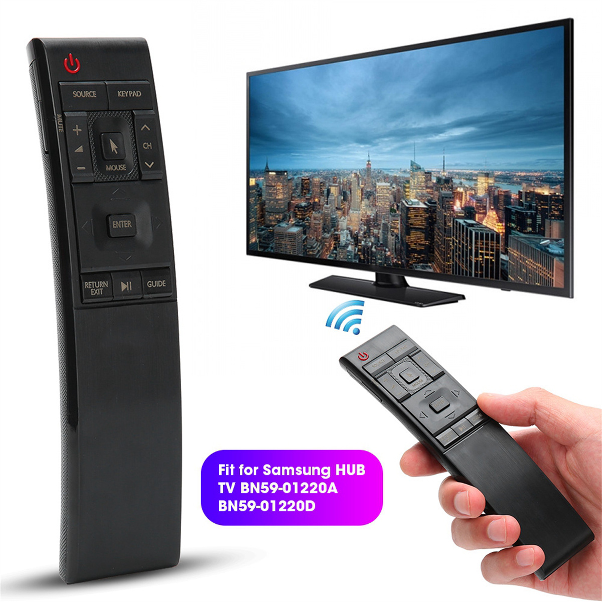 Eine TV-Fernbedienung und ein Fernseher werden gezeigt, mit einem drahtlosen Signal-Symbol.