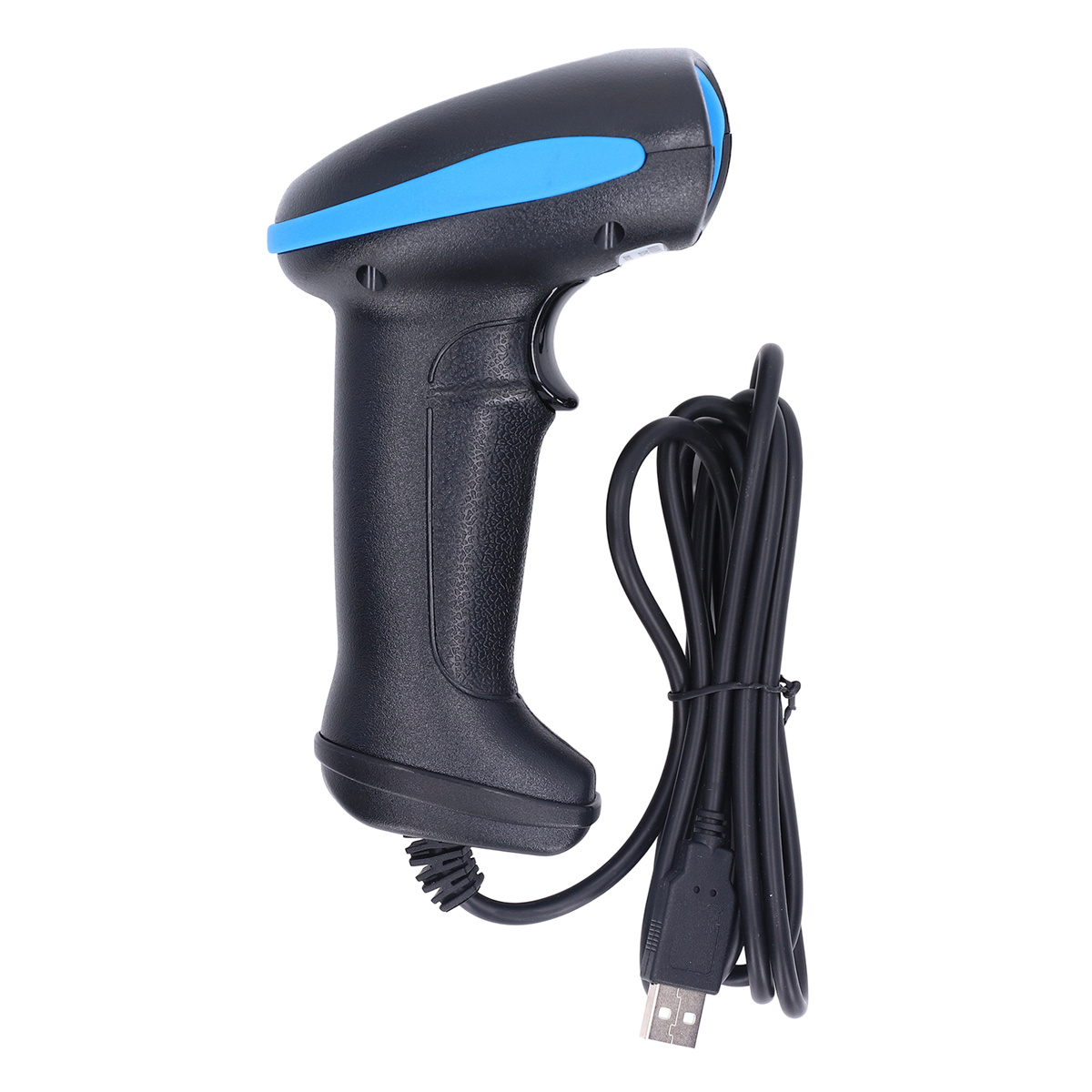 Schwarzer Barcodescanner mit blauen Akzenten, verbunden mit einem USB-Kabel.
