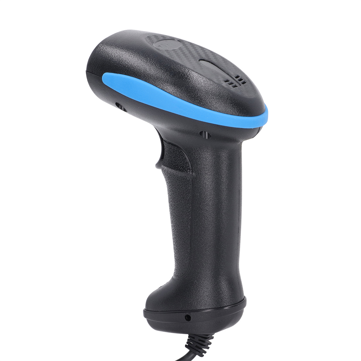 Schwarzer Barcode-Scanner mit blauem Streifen und Kabel. Er wird von einer Hand gehalten.