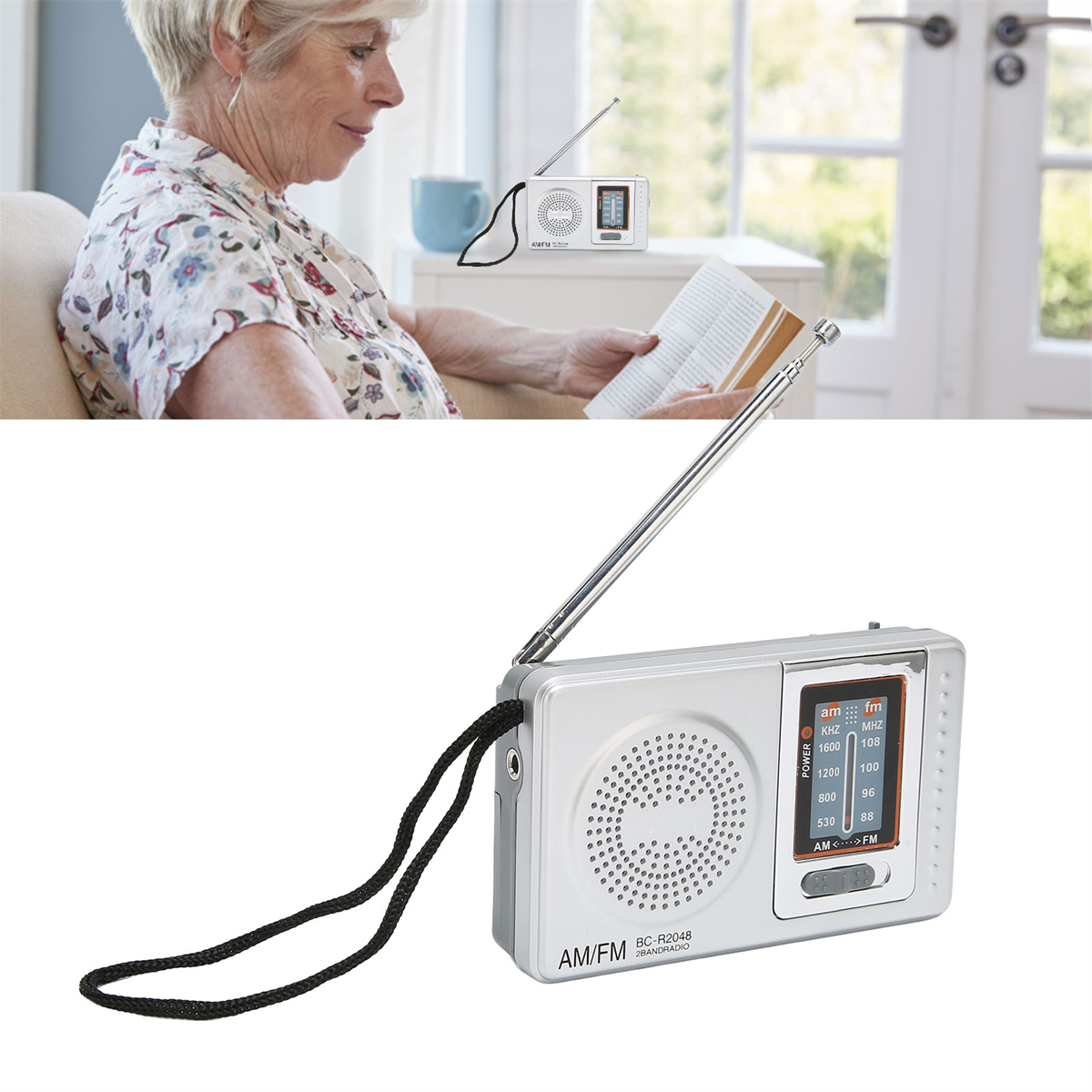 Ein silbernes AM/FM-Radio mit schwarzem Riemen und eine Frau, die mit einem anderen Radio liest.