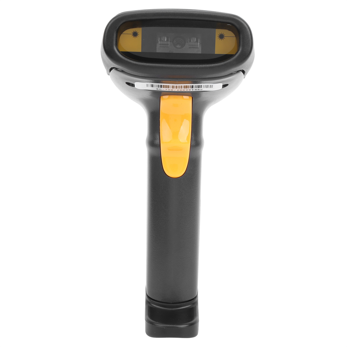 Ein schwarz-gelber Barcode-Scanner ist von oben zu sehen, mit einem gelben Knopf.