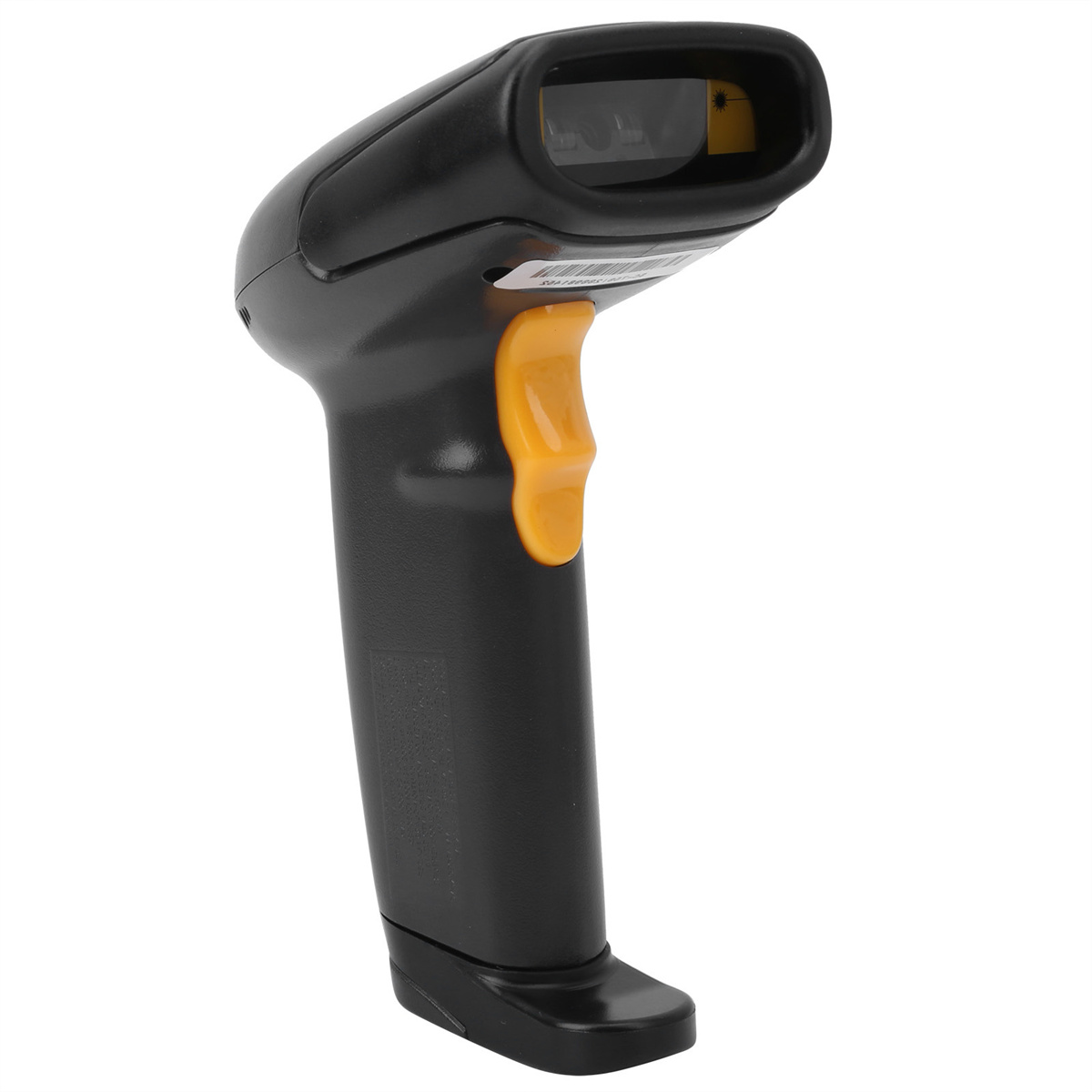 Schwarzer Barcode-Scanner mit orangefarbenem Auslöser, zum Scannen von Produktcodes und Informationen.