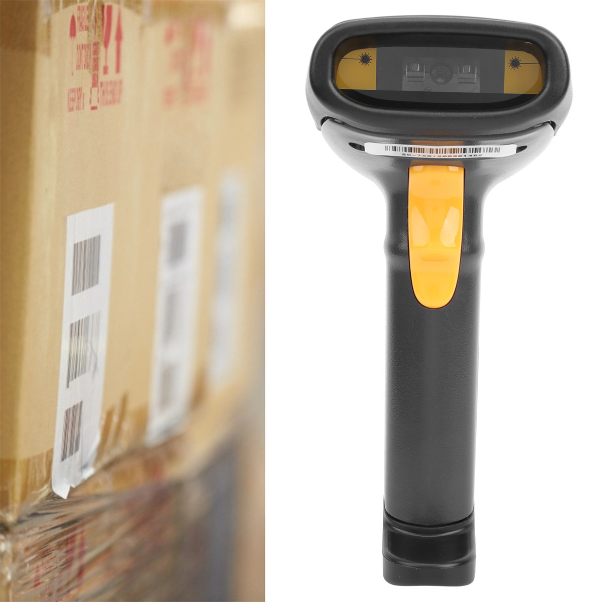 Ein schwarzer und gelber Barcode-Scanner, der auf Kartons mit Barcodes gerichtet ist. Text über das Scannen.