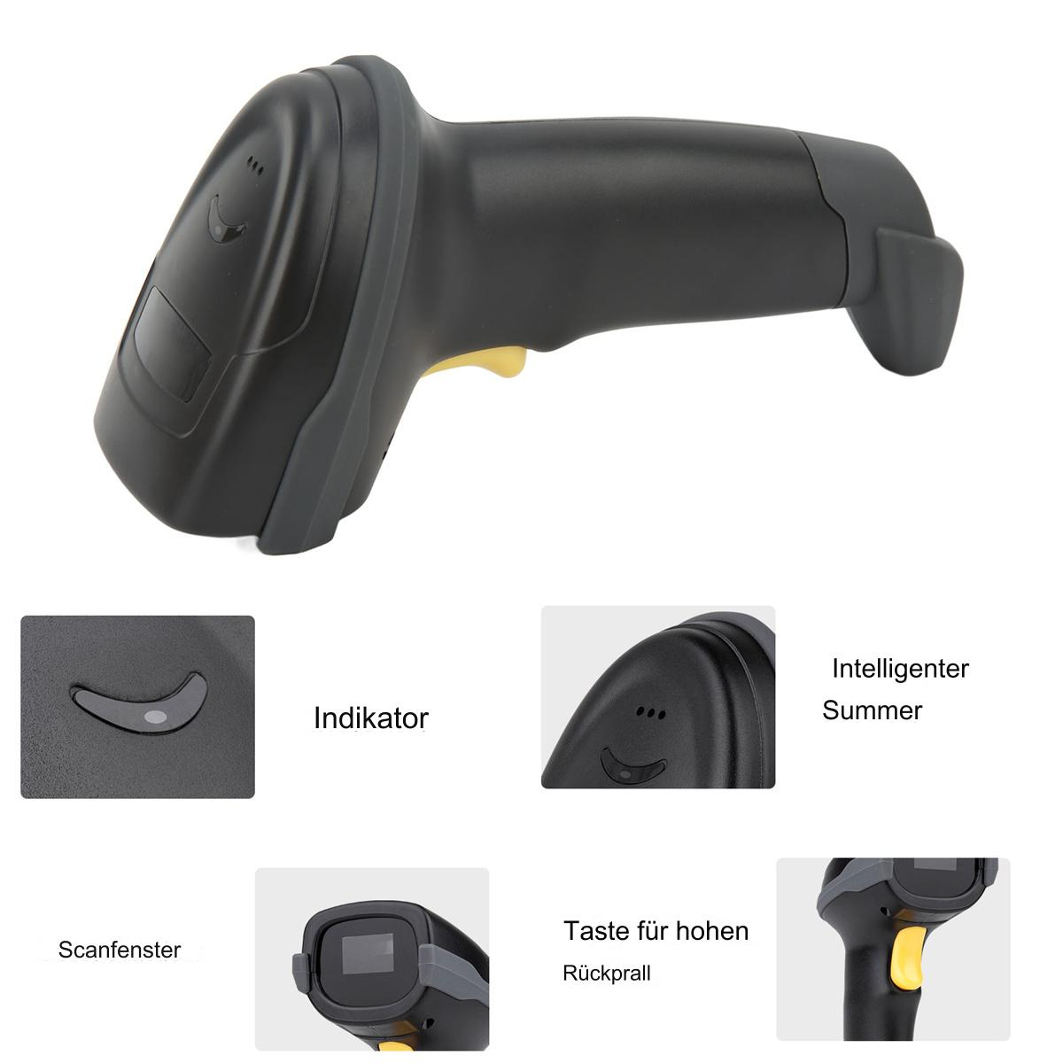 Ein schwarzer Barcode-Scanner mit Auslöser und einer Kontrollleuchte. Zusätzliche Bilder zeigen detaillierte Funktionen.