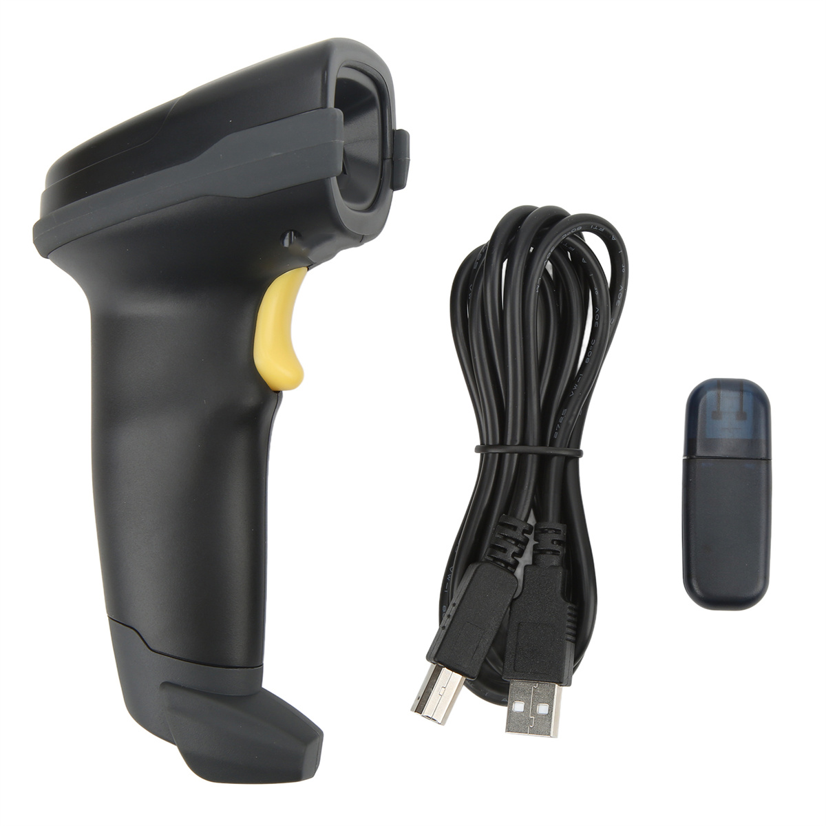 Schwarzer Barcode-Scanner mit gelber Taste, Kabel und USB-Empfänger.