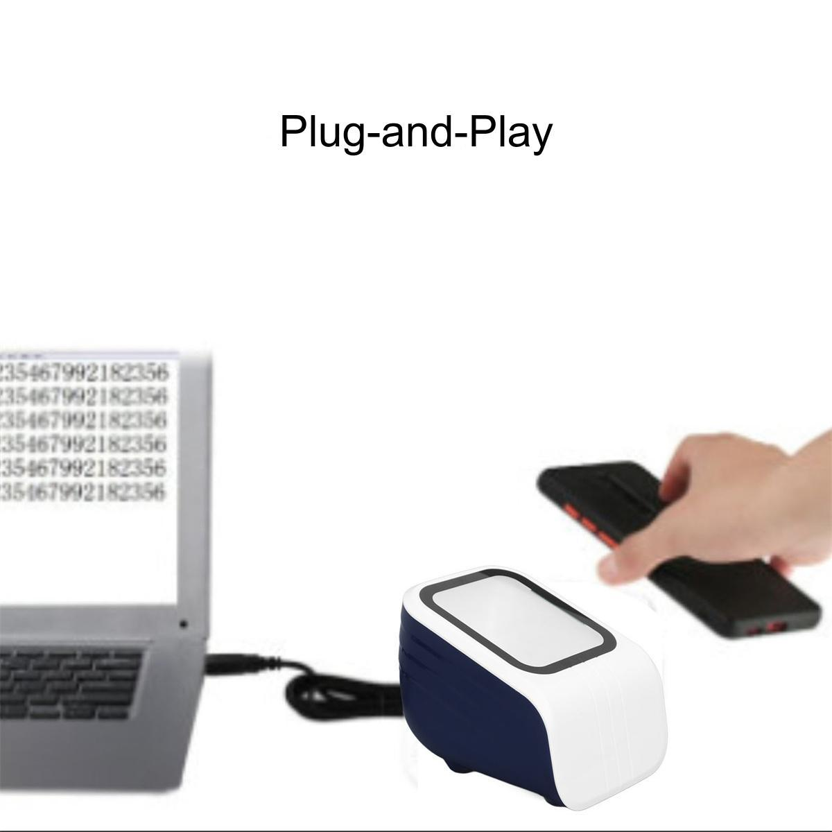 Ein Laptop ist mit einem kleinen Scanner verbunden, eine Hand hält ein schwarzes Telefon.
