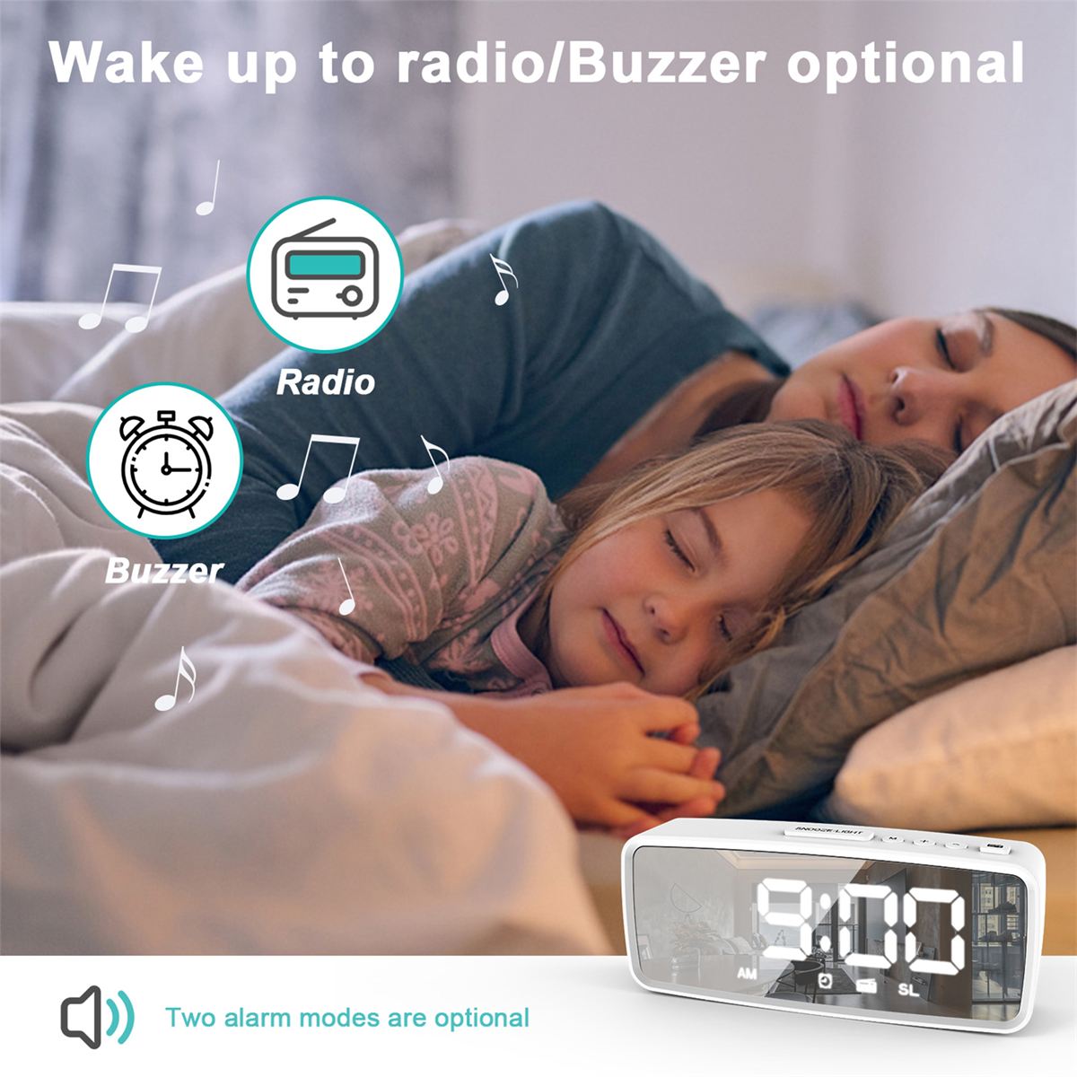 Ein Paar schläft im Bett, mit einem Wecker im Vordergrund, mit dem Text 'Wake up to radio/Buzzer optional'.