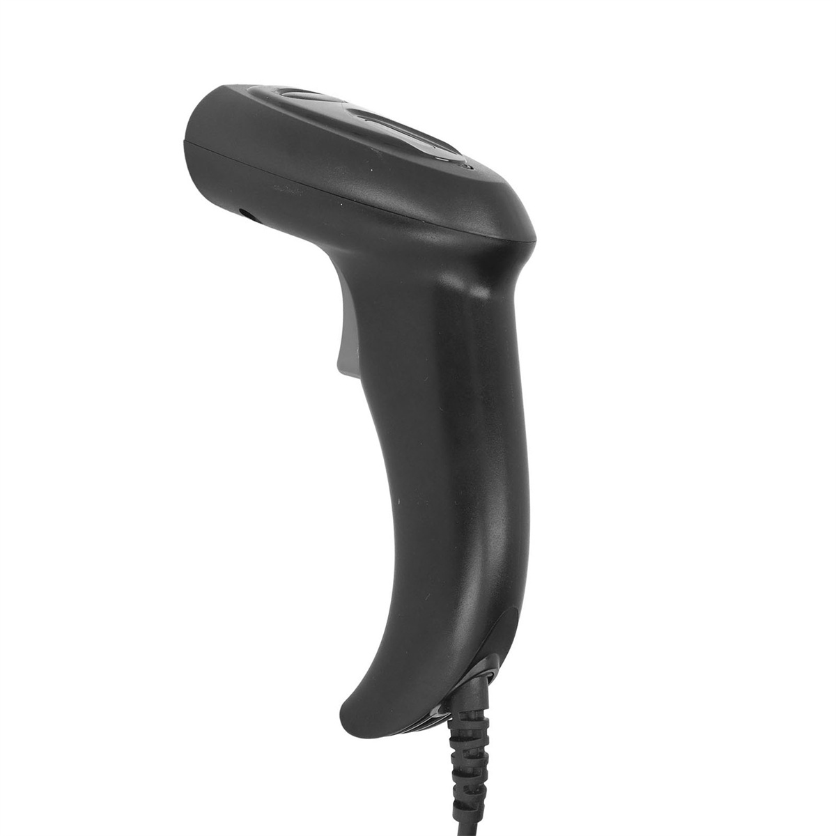 Ein schwarzer Barcode-Scanner mit Auslöser und Draht, leicht nach oben abgewinkelt.
