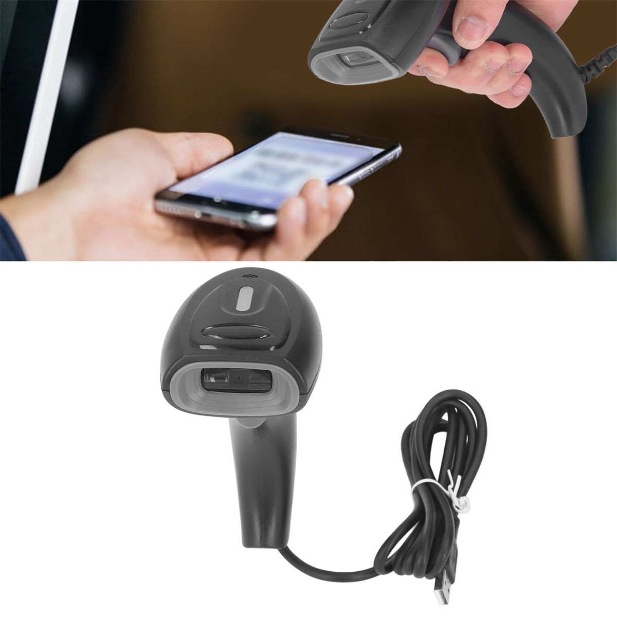Hand hält Telefon zum Barcode-Scannen, darunter ein schwarzer Barcode-Scanner.