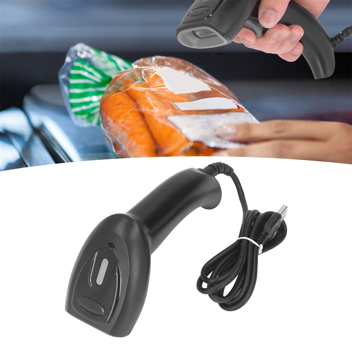 Ein schwarzer Barcodescanner mit Kabel und eine klare Tüte Karotten wird gescannt.